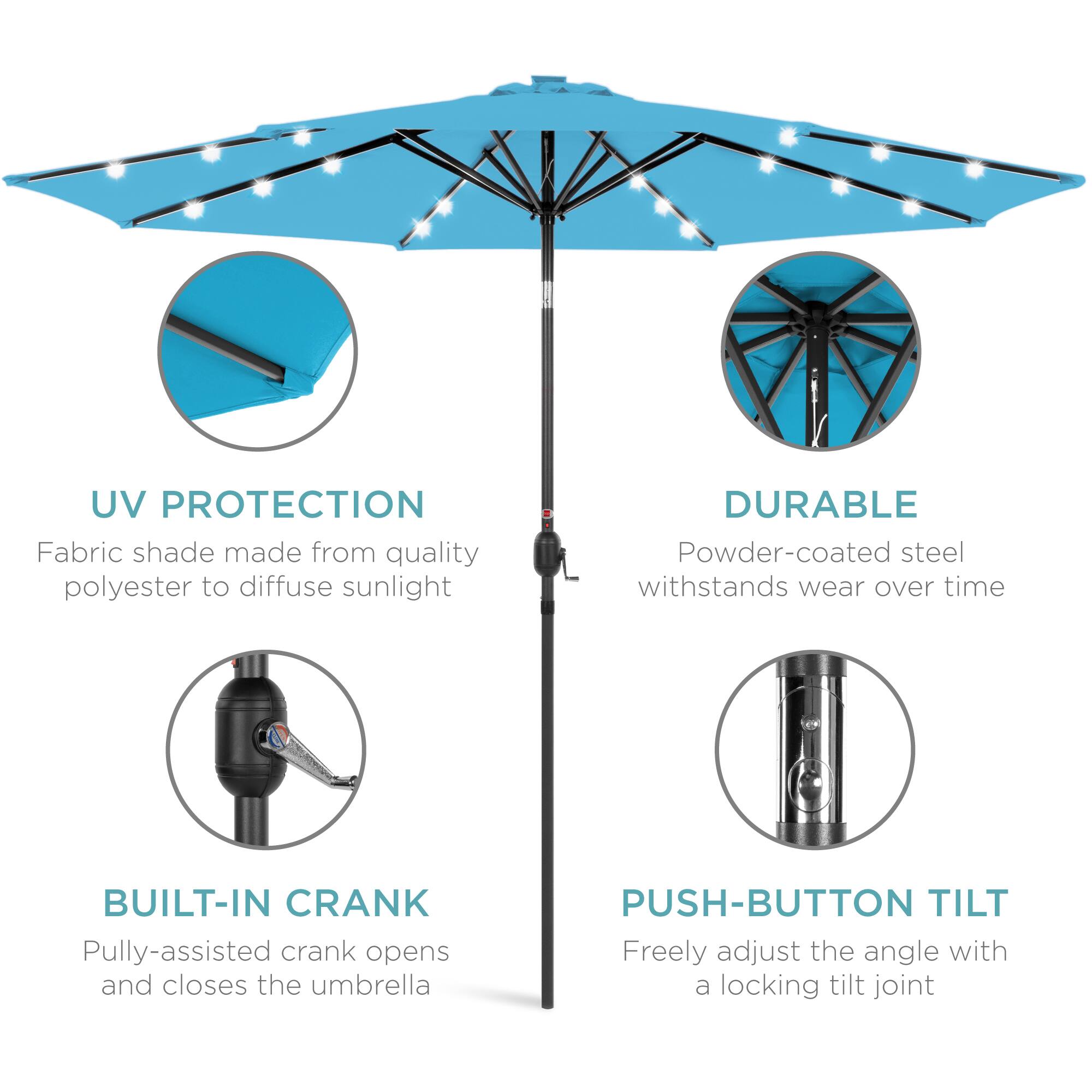 UV Protection: Fabric shade made from quality polyester to diffuse sunlight.  
Durable: Powder-coated steel withstands wear over time.  
Built-in Crank: Pulley-assisted crank opens and closes the umbrella.  
Push-button Tilt: Freely adjust the angle with a locking tilt joint.
