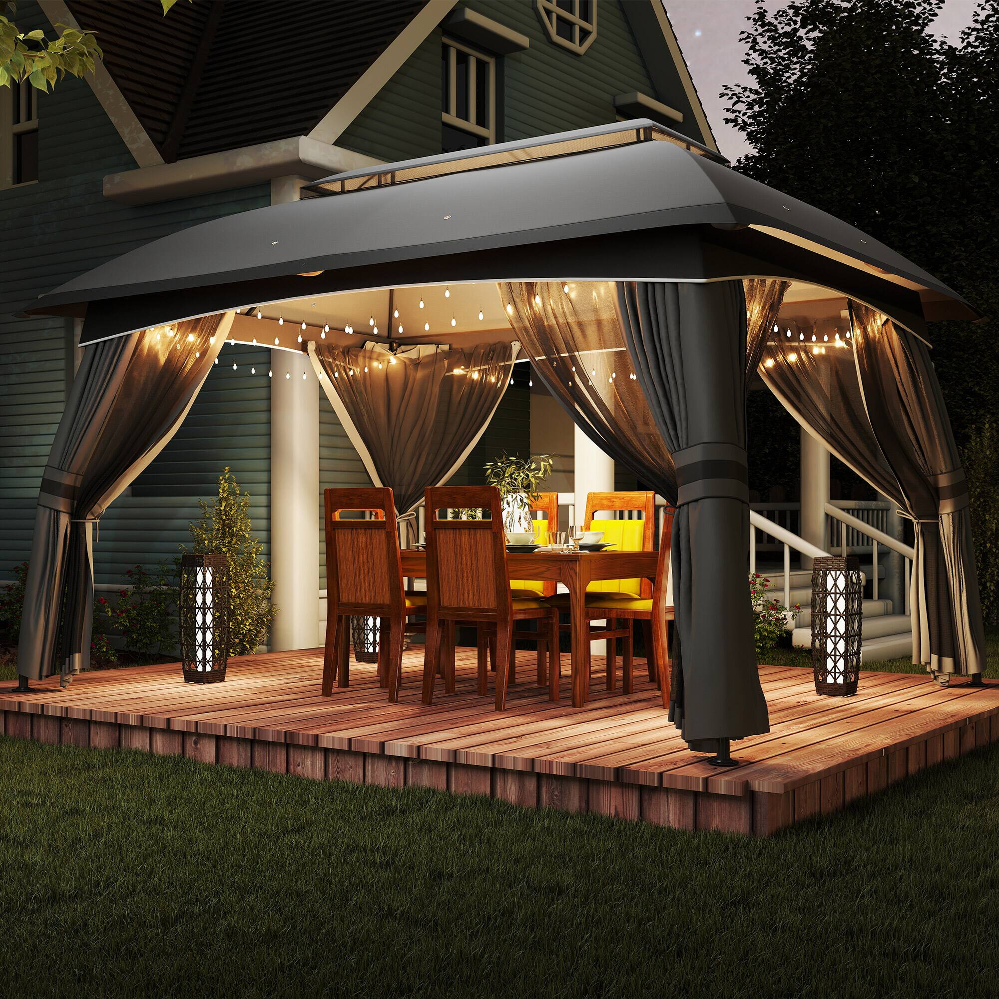 Alt View 4. Outsunny - Patio Gazebo, Outdoor Gazebo Canopy Shelter with Netting, Vented Roof, Steel Frame for Garden, Lawn - Dark Gray.