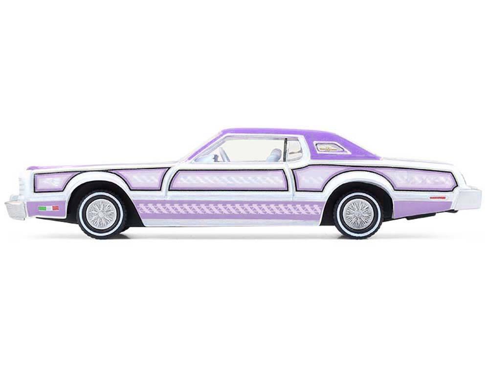 Alt View 1. Greenlight - 1973 Ford Thunderbird Lowrider Purple Metallic with Graphics and White Interior 1/64 Diecast Model Car by Greenlight.