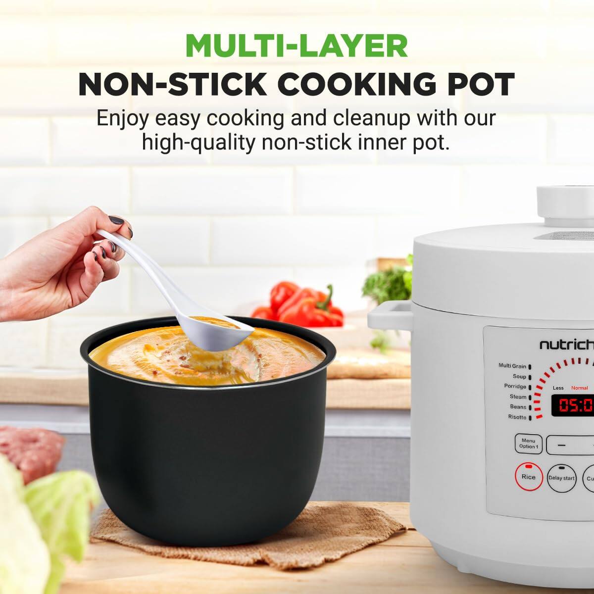 MULTI-LAYER NON-STICK COOKING POT

Enjoy easy cooking and cleanup with our high-quality non-stick inner pot.

nutrich Multi Grain Soup Porridge Steam Beans Risotto Less Normal 05:00 Memu Cuittsan 1 Hice Delay start