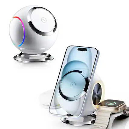 Front. RISOKEYS - Space Capsule Wireless Charger - 15W Magnetic 3-in-1 Vertical Charging Station with RGB Lighting for Apple Devices - White.