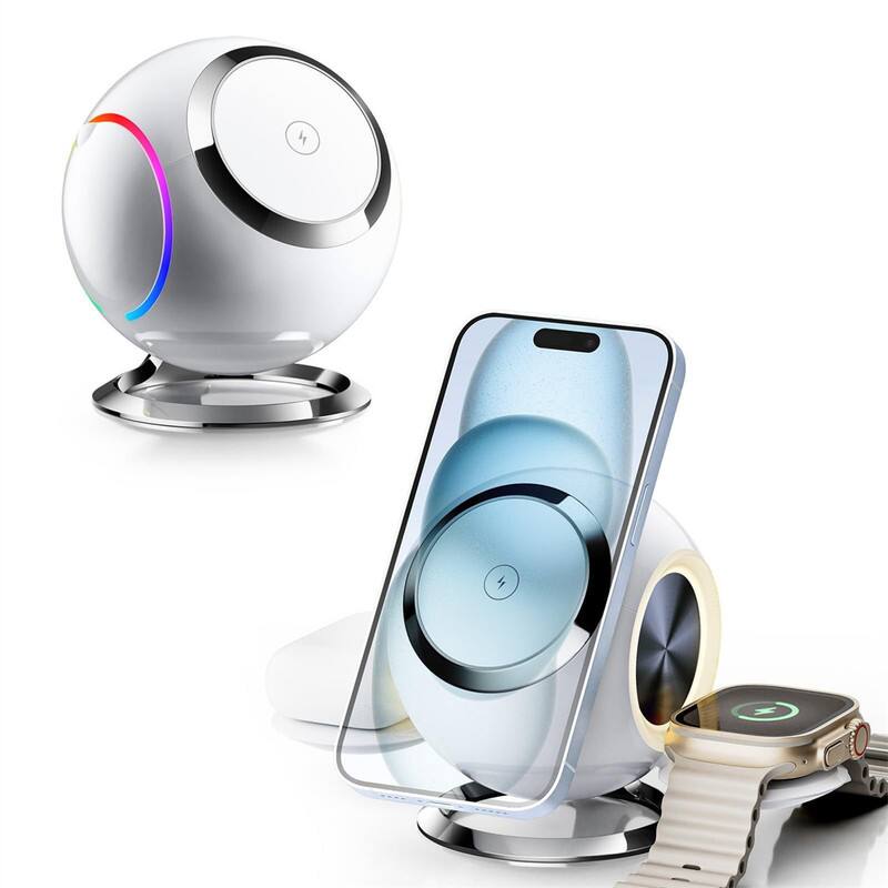 Front. RISOKEYS - Space Capsule Wireless Charger - 15W Magnetic 3-in-1 Vertical Charging Station with RGB Lighting for Apple Devices - White.