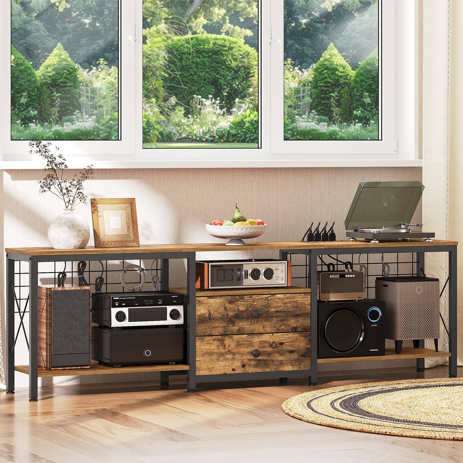 Back. Hirose Alice - Tv Stand With Power Outlet Up To 75 Inch Entertainment Center 2 Fabric Drawers Console Table Open Storage Shel... - 70.9"L x 11.8"W x 21.6"H.