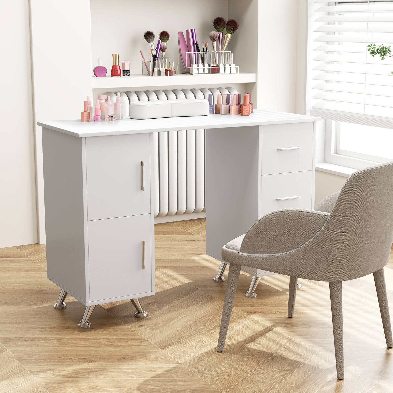 Alt View 3. Costway - Costway Wooden Nail Desk Station with Removable Wrist Rest Metal Legs & 3 Drawers, 2 Cabinets - White.