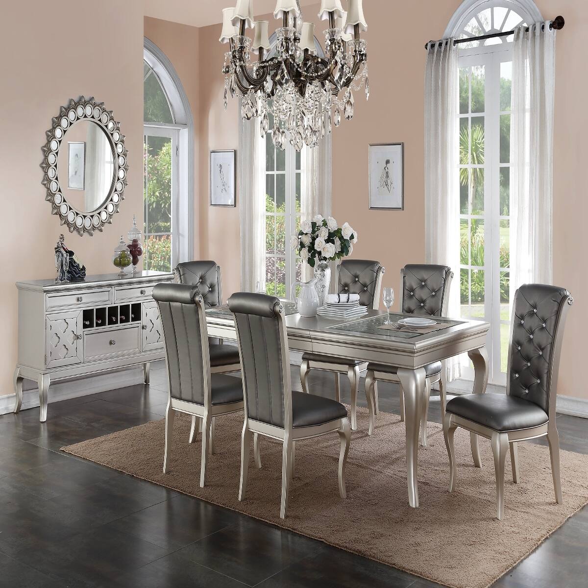 Alt View 4. Loheer - Loheer Silver Rectangular Dining Table With Glass Insert Top and Extension Leaf - Champagne and silver.