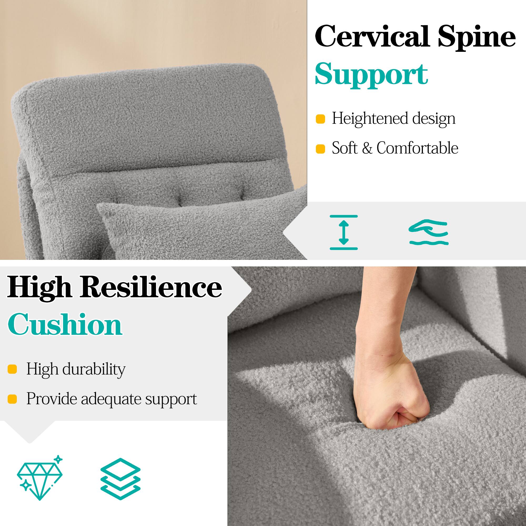 Cervical Spine Support  
- Heightened design  
- Soft & Comfortable  

High Resilience Cushion  
- High durability  
- Provide adequate support
