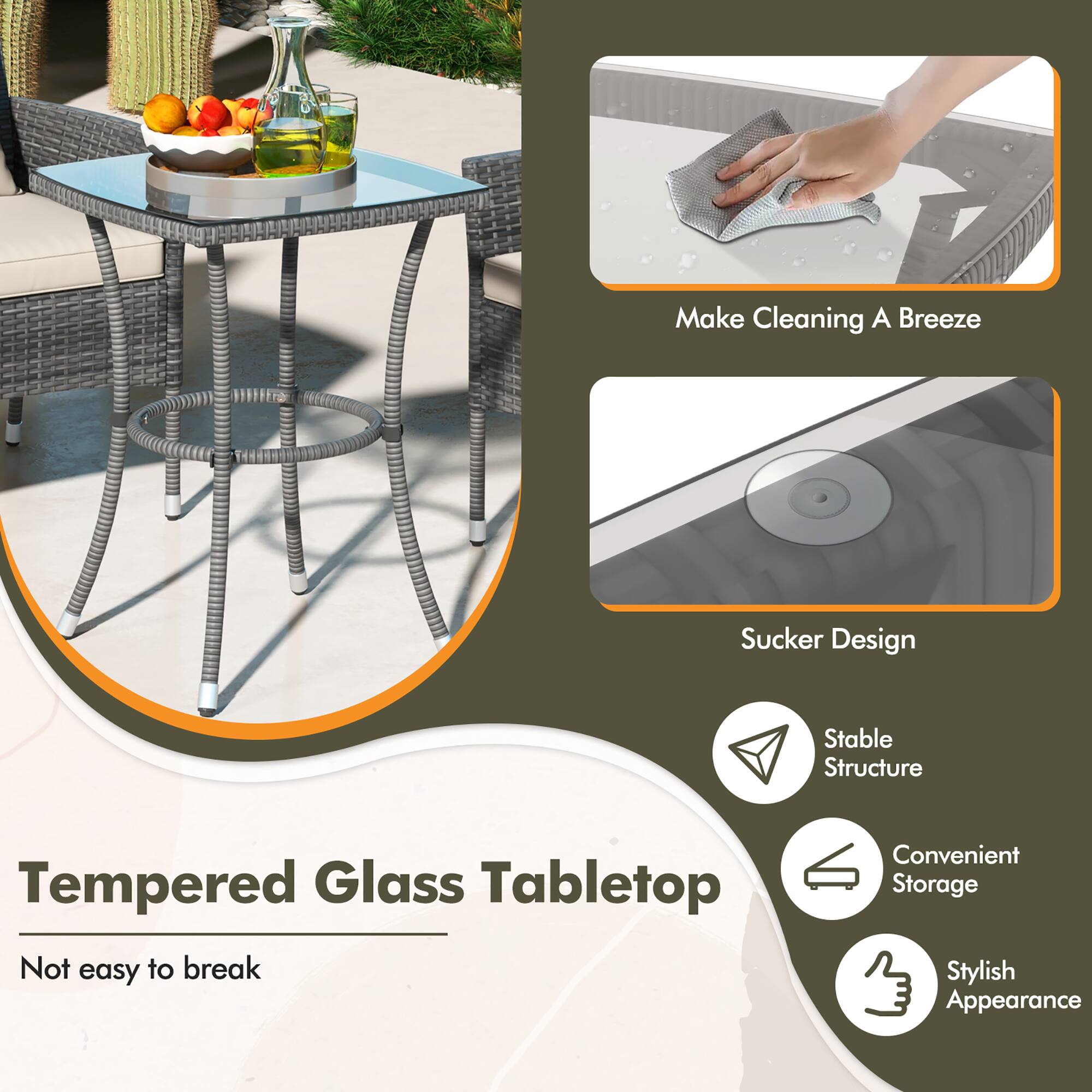- Make Cleaning A Breeze
- Sucker Design
- Stable Structure
- Convenient Storage
- Stylish Appearance

Tempered Glass Tabletop
Not easy to break