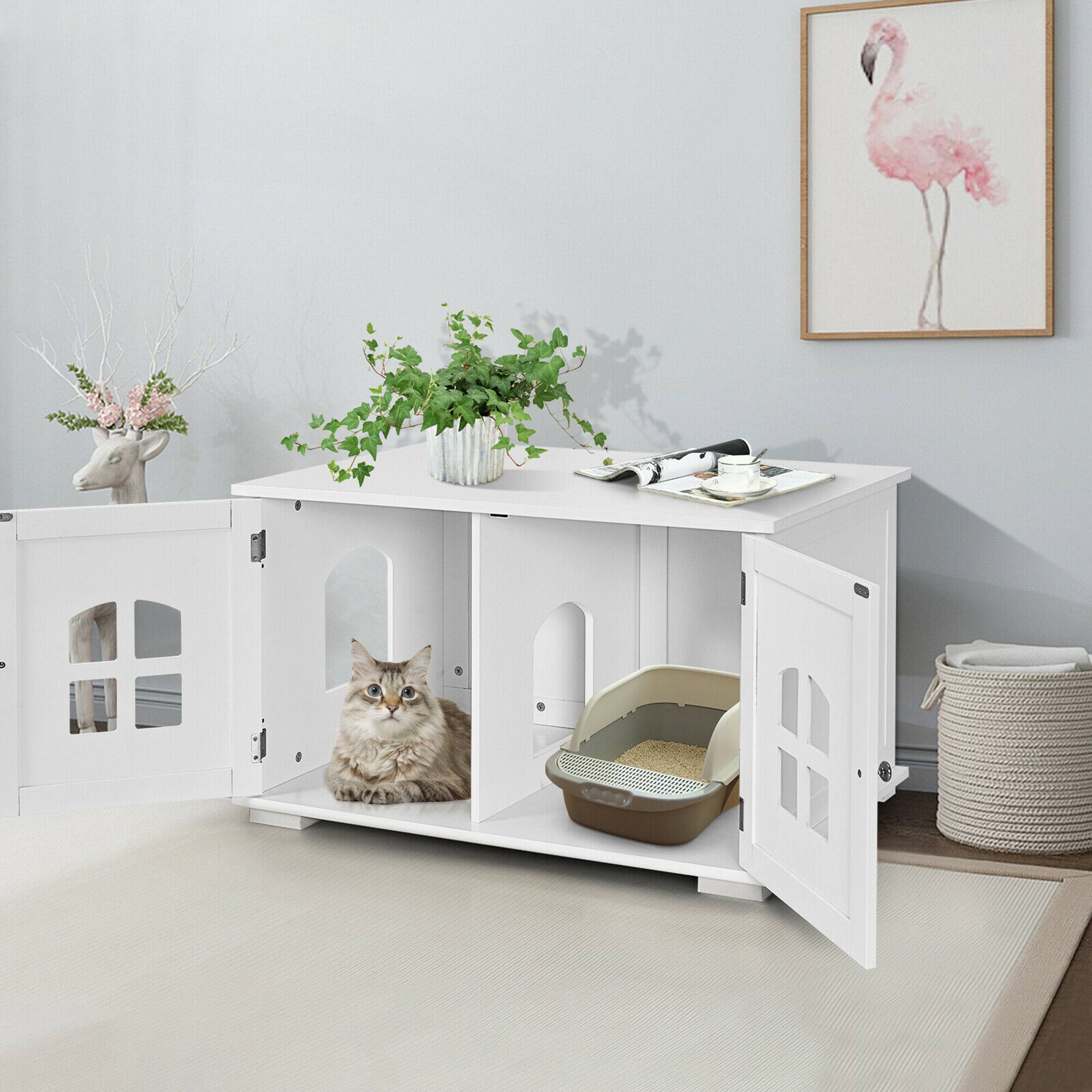 Alt View 3. Costway - Costway Large Wooden Cat Litter Box Enclosure Hidden Cat Washroom w/ Divider - White.
