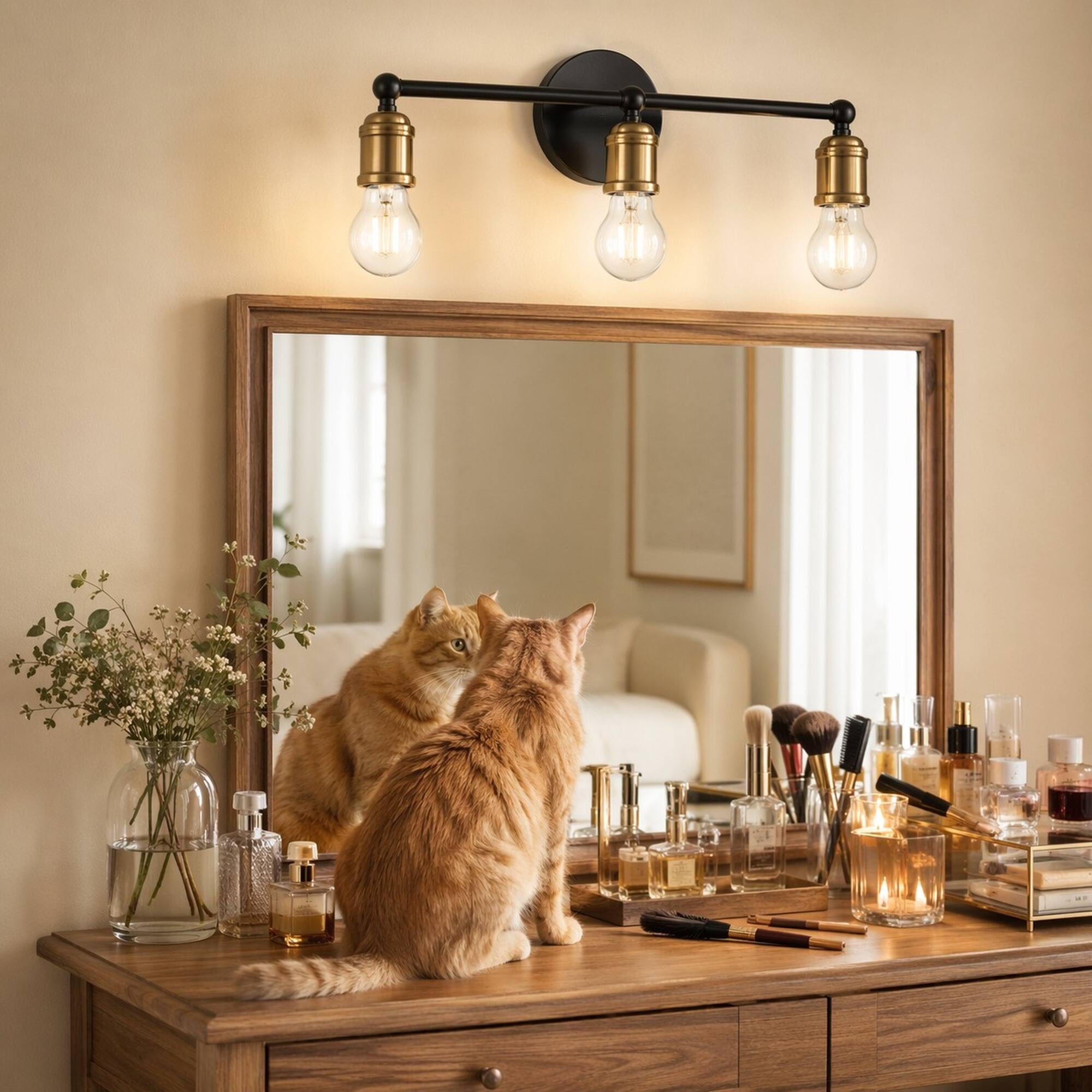 Back. RYHNUYNE - 3-Light Matte Black and Gold Bathroom Vanity Light with Round Backplate, Industrial Farmhouse Wall Sconce for Mirror.