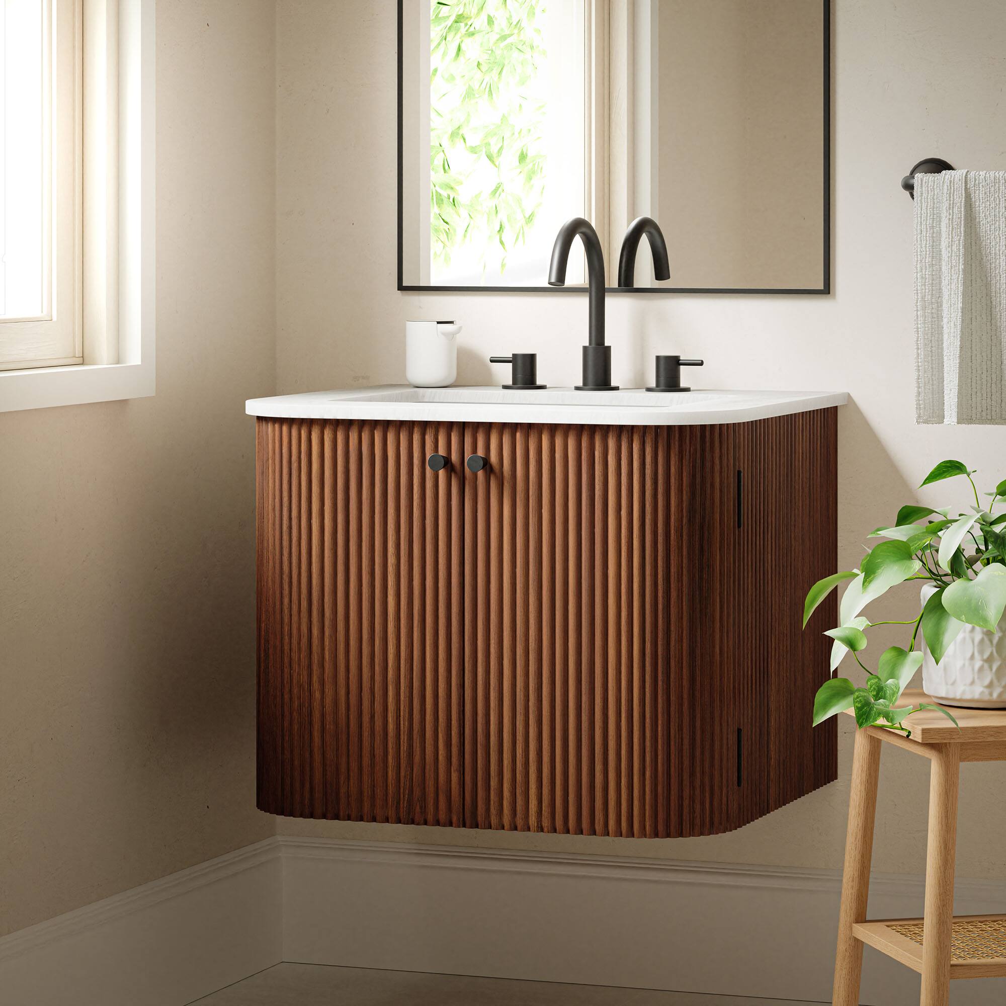 Front. Modway - Zia Wall-Mount Bathroom Vanity with Marble Sink by Modway - Walnut.
