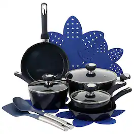 Oster - Hawke 14 Piece Ceramic Nonstick Cookware Set - Dark Blue