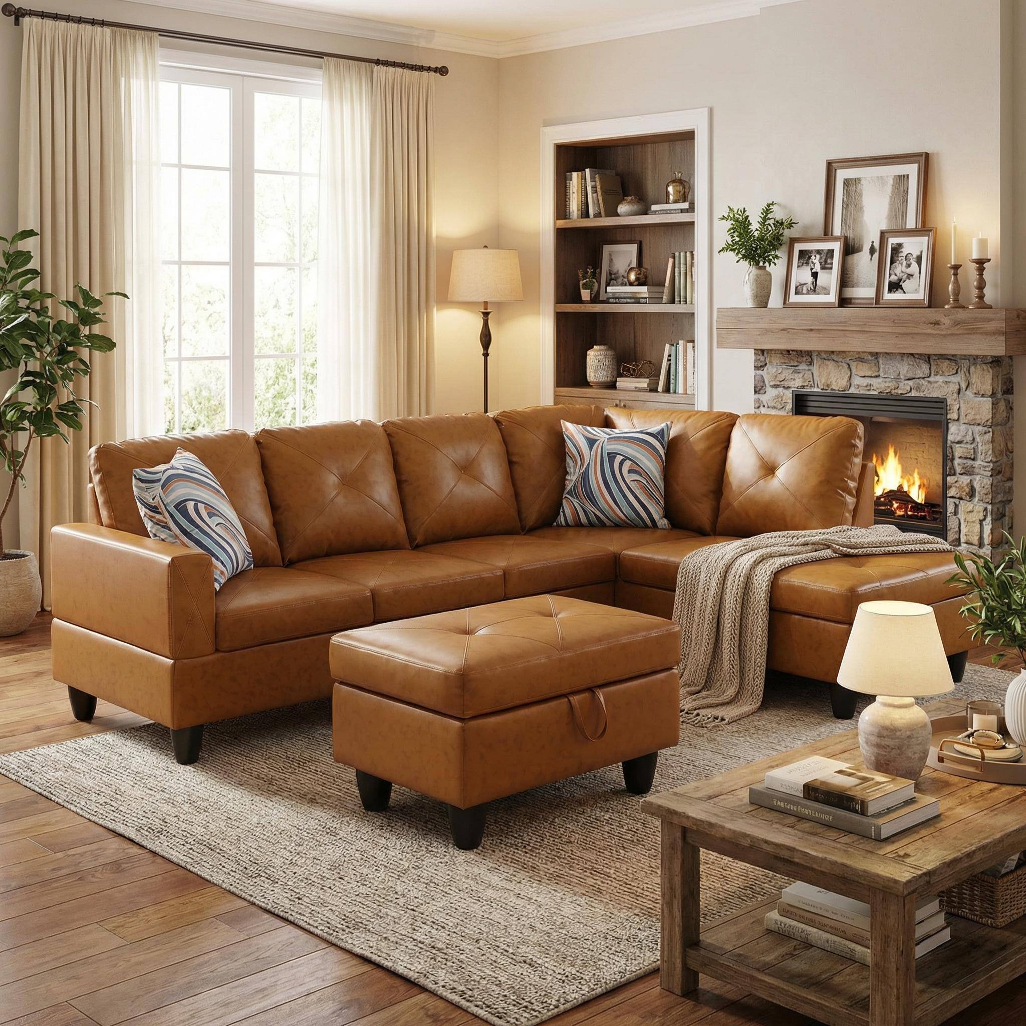 Alt View 2. Boyel Living - Premium Semi PU Upholstered Sofa Solid Wood Frame Double Spring with Right Chaise Lounge - Caramel Brown.