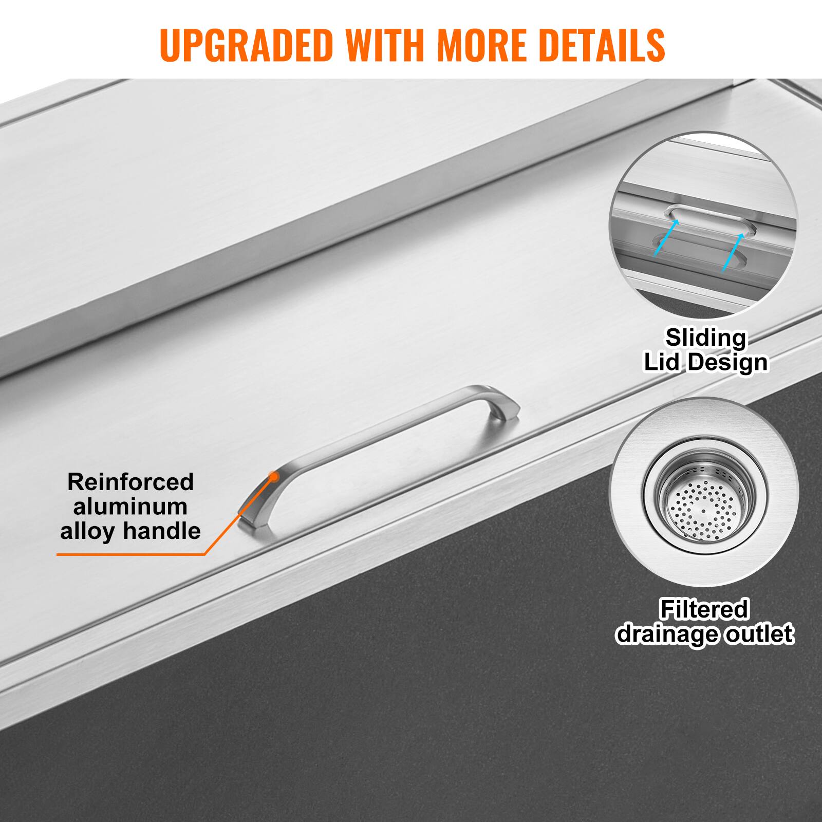 UPGRADED WITH MORE DETAILS

- Sliding Lid Design
- Reinforced aluminum alloy handle
- Filtered drainage outlet