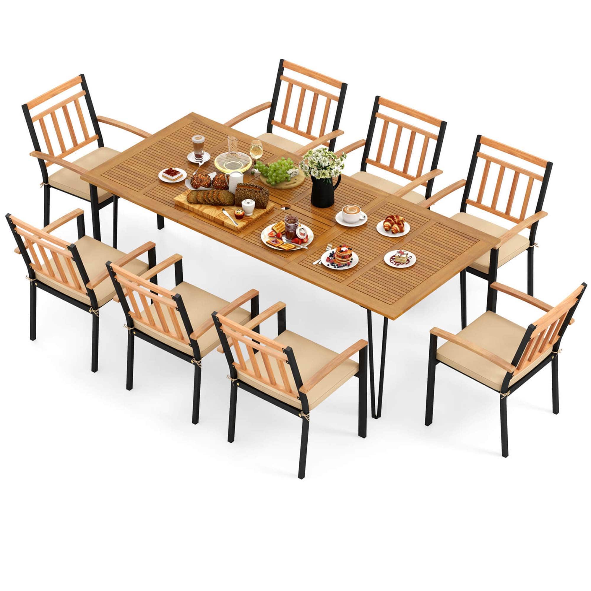 Front. Costway - 9 PCS Patio Dining Set with 8 Chairs Acacia Wood Table Top Umbrella Hole for Yard - Natural + Black.