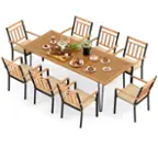 Front. Costway - 9 PCS Patio Dining Set with 8 Chairs  Acacia Wood Table Top Umbrella Hole for Yard - Natural + Black.