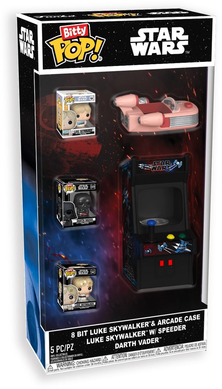 - Bitty POP! STAR WARS TM
- 8 BIT LUKE SKYWALKER & ARCADE CASE
- LUKE SKYWALKER W/ SPEEDER
- DARTH VADER
- 5 PC/PZ
- ADVERTENCIA: PELIGRO DE ASFIXIA. NO APTO PARA MENORES DE 36 MESES
- ATTENTION: DANGER DE SUFFOCATION. NE PAS LAISSER EN DEHORS DE LA VUE DES ADULTES
- WARNING: CHOKING HAZARD - Small parts. Not for children under 3 years
