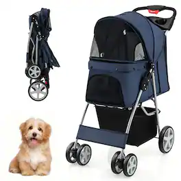 Gymax - Folding Pet Stroller 4-Wheel Pet Travel Carrier w/Storage Basket Navy