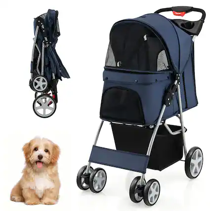 Front. Gymax - Gymax Folding Pet Stroller 4-Wheel Pet Travel Carrier w/Storage Basket Navy.