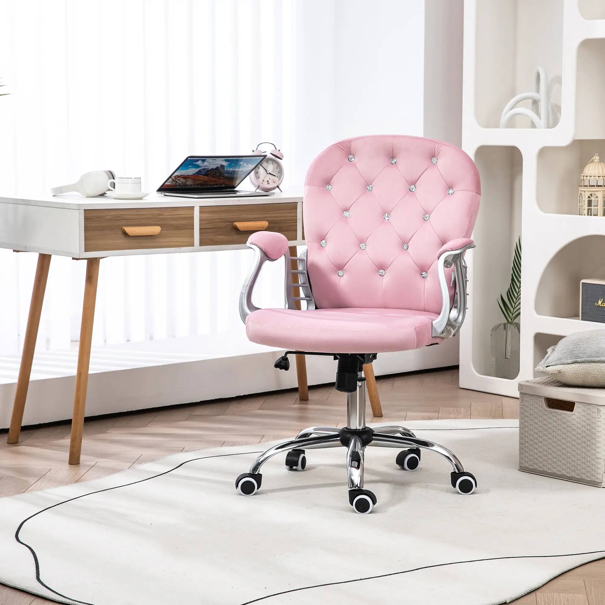 Angle. Anysun - Anysun Velvet Tufted Button Tufted Adjustable Height Office Chair with Padded Armrests and Swivel Wheels - Pink.