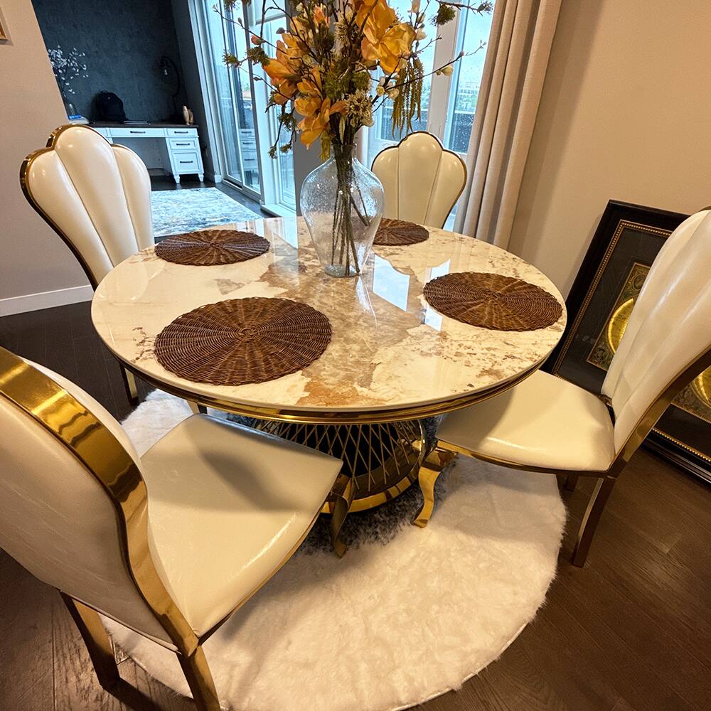 Left. POVISON - Modern Luxury High Back Dining Chairs Set of 2, French Country Leather Side Chairs, Fully Assembled - White & Gold.