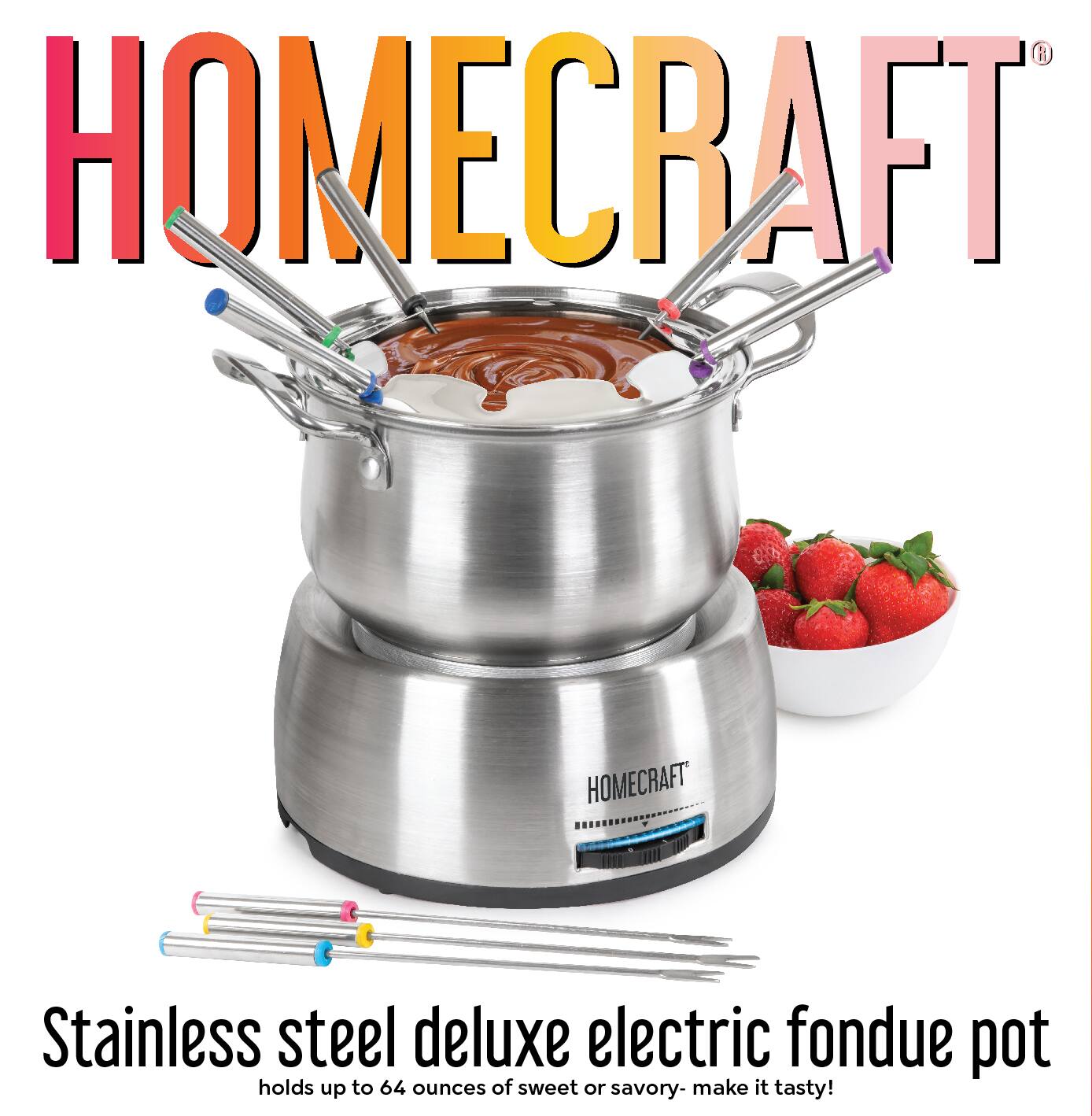 HOMECRAFT Stainless steel deluxe electric fondue pot holds up to 64 ounces of sweet or savory- make it tasty!
