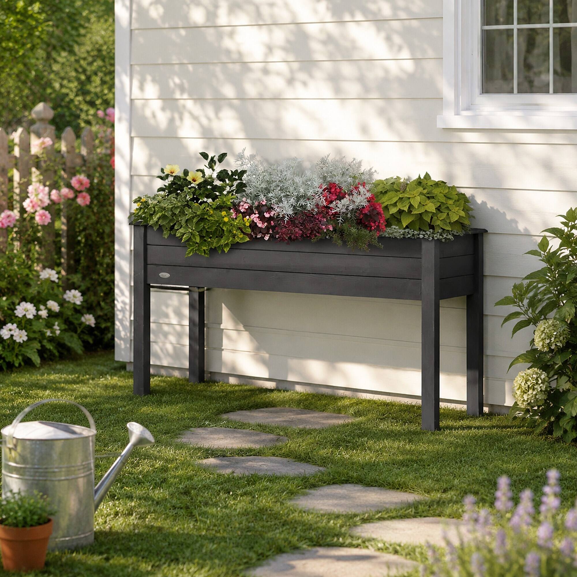 Alt View 2. RYHNUYNE - Outsunny Raised Garden Bed with Legs, 48" x 22" x 30" Elevated Wooden Planter Box, Self-Draining with Bed Liner - Gray.