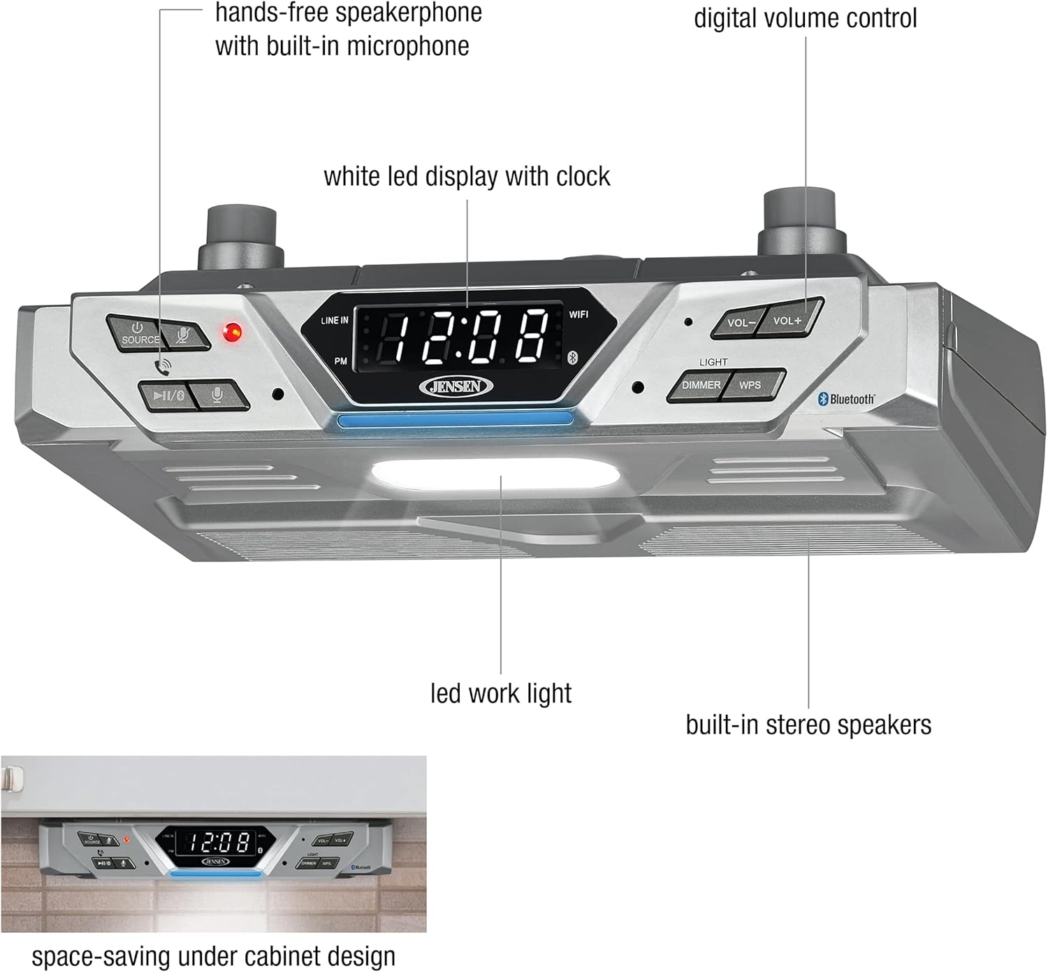 hands-free speakerphone with built-in microphone, digital volume control, white led display with clock, SOURCE, LINE IN, WIFI, VOL-, VOL+, PM, LIGHT, I/O, JENSEN, DIMMER, WPS, Bluetooth, led work light, built-in stereo speakers, 12:08, space-saving under cabinet design