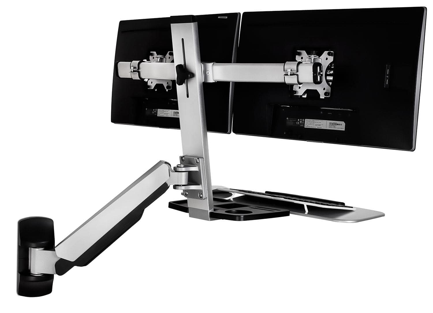 Angle. Mount-It! - Wall‑Mounted Dual Monitor Sit‑Stand Workstation with Adjustable Height, Keyboard Tray & CPU Storage, Silver - Silver.