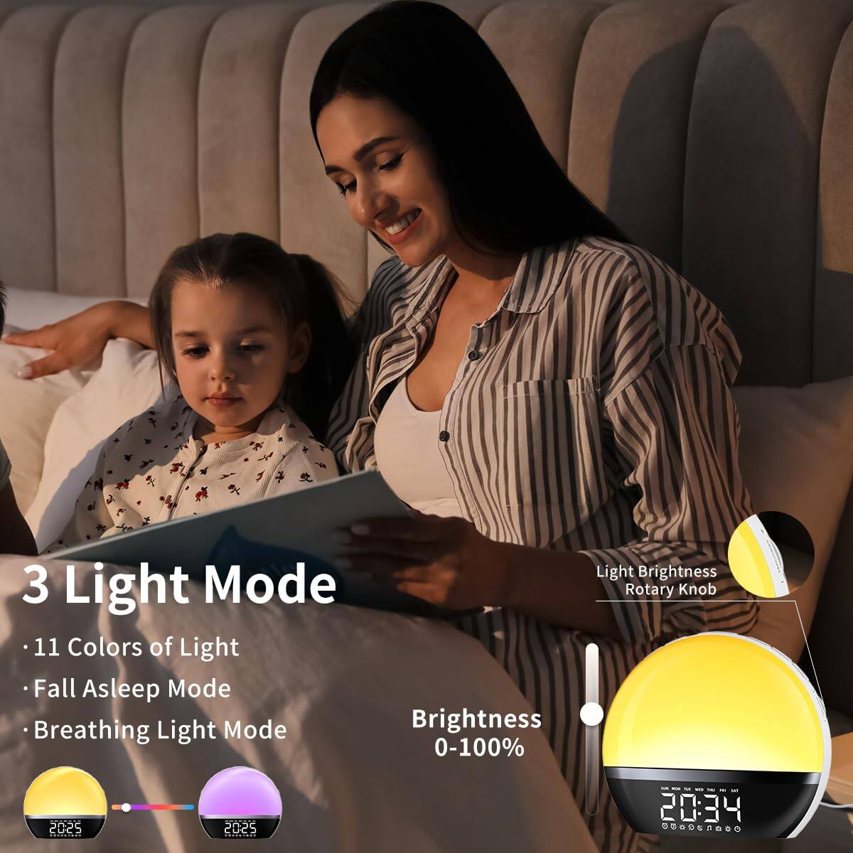 3 Light Mode  
- 11 Colors of Light  
- Fall Asleep Mode  
- Breathing Light Mode  

Brightness 0-100%  
Light Brightness Rotary Knob