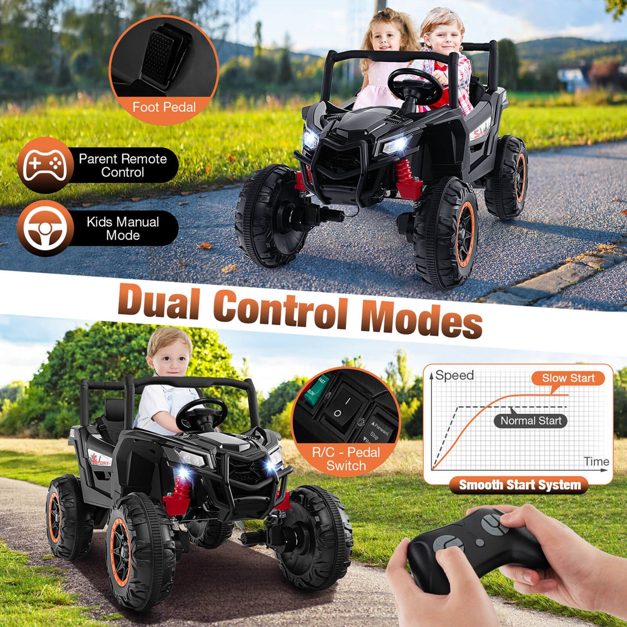 - Foot Pedal
- Parent Remote Control
- Kids Manual Mode

Dual Control Modes

- R/C - Pedal Switch
- Smooth Start System

Speed
Slow Start
Normal Start
Time