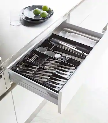 Front. Yamazaki Home - Expandable Cutlery Organizer - Large - white.