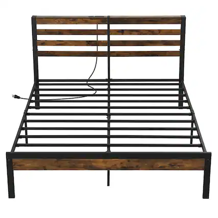 Front. Costway - Costway Queen Industrial Metal Platform Bed Frame Charging Station Mattress Foundation - Brown.