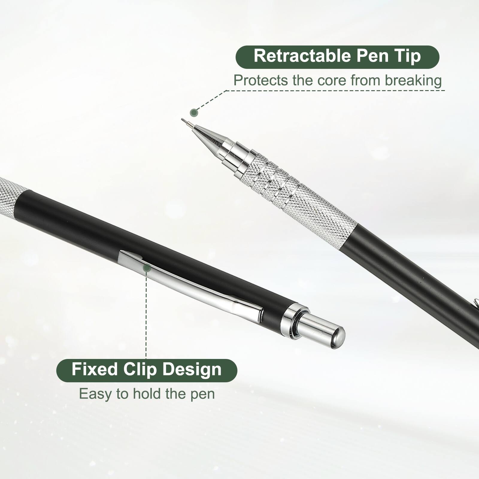 Retractable Pen Tip  
Protects the core from breaking  

Fixed Clip Design  
Easy to hold the pen