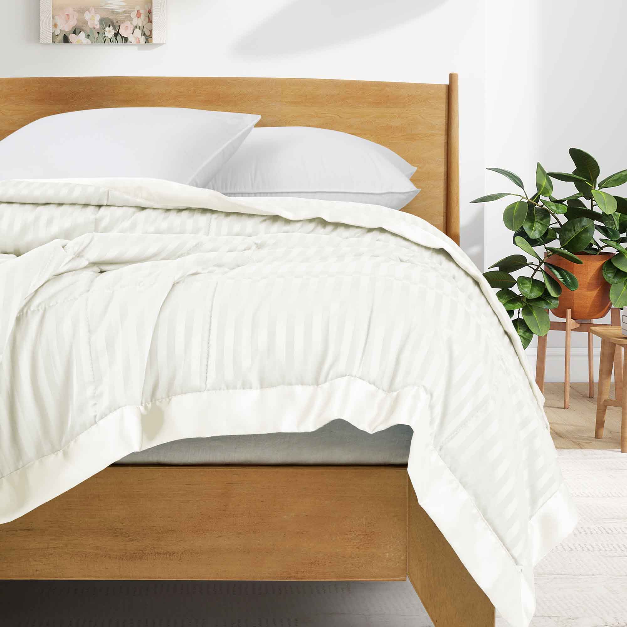 Left. Nest - Peace Nest Hotel Quality Luxury All Season Jacquard Soft Bed Blanket with Satin Trim Cozy and Warm - Cream.