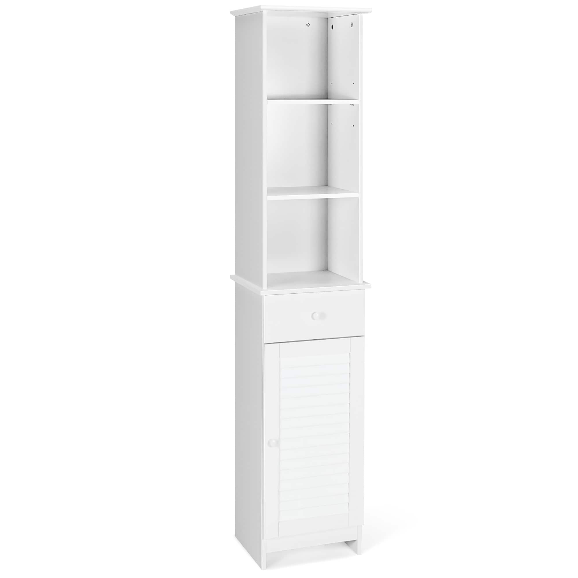 Costway - Bathroom Tall Storage Cabinet Freestanding Linen Tower w/ Open Shelves & Drawer - White