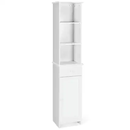 Front. Costway - Costway Bathroom Tall Storage Cabinet Freestanding Linen Tower w/ Open Shelves & Drawer - White.