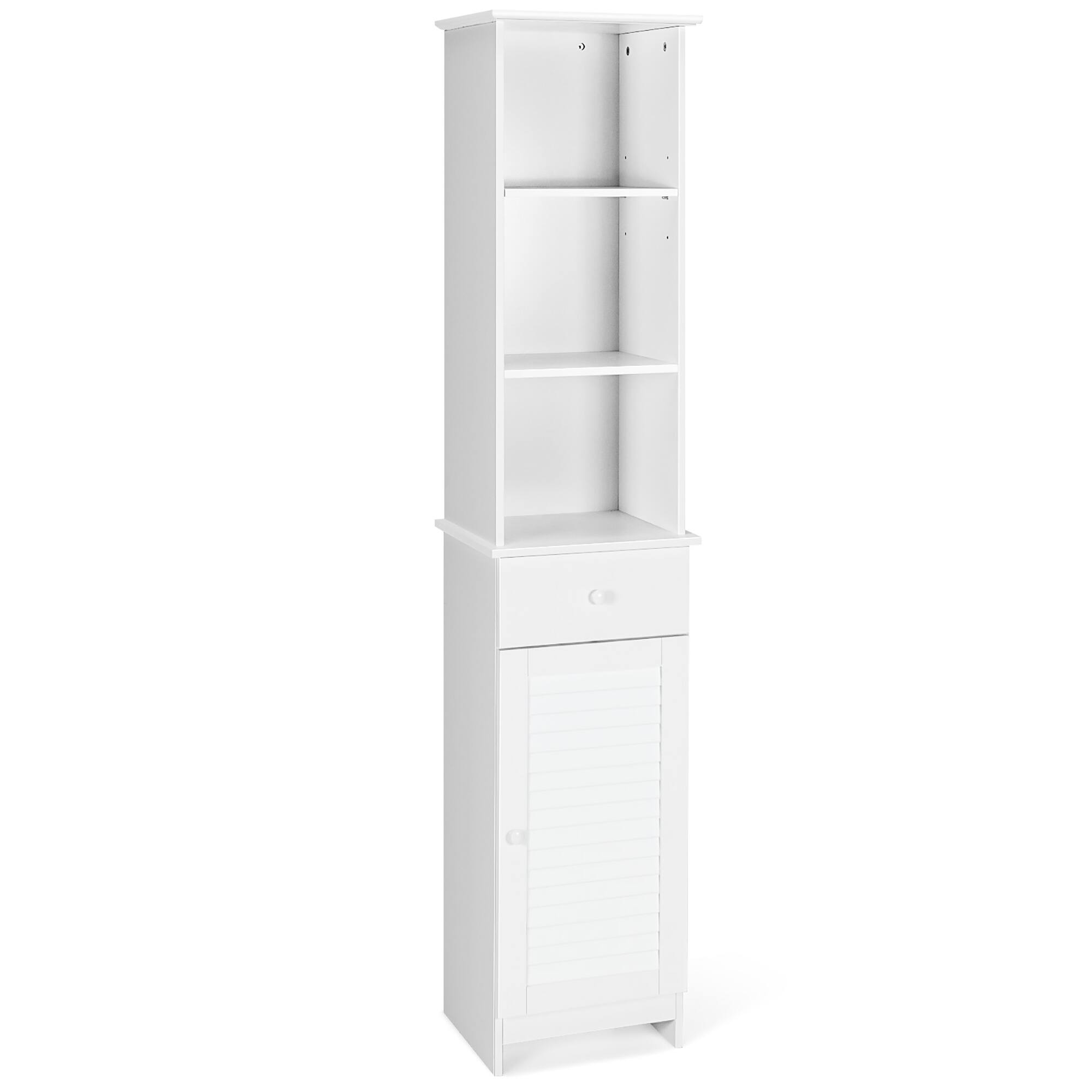 Costway - Bathroom Tall Storage Cabinet Freestanding Linen Tower w/ Open Shelves & Drawer - White