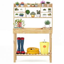 Costway - Potting Bench Table with Flip-up Tabletop, Storage Shelves for Patio Porch Balcony - Natural
