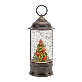 BreeBe - LED Snow Globe Lantern with Cardinal Holly Tree 9.75"H - Bronze, Red, Green