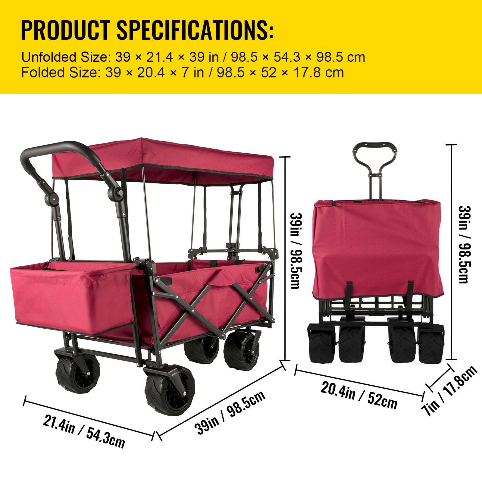 PRODUCT SPECIFICATIONS:  
Unfolded Size: 39 x 21.4 x 39 in / 98.5 x 54.3 x 98.5 cm  
Folded Size: 39 x 20.4 x 7 in / 98.5 x 52 x 17.8 cm