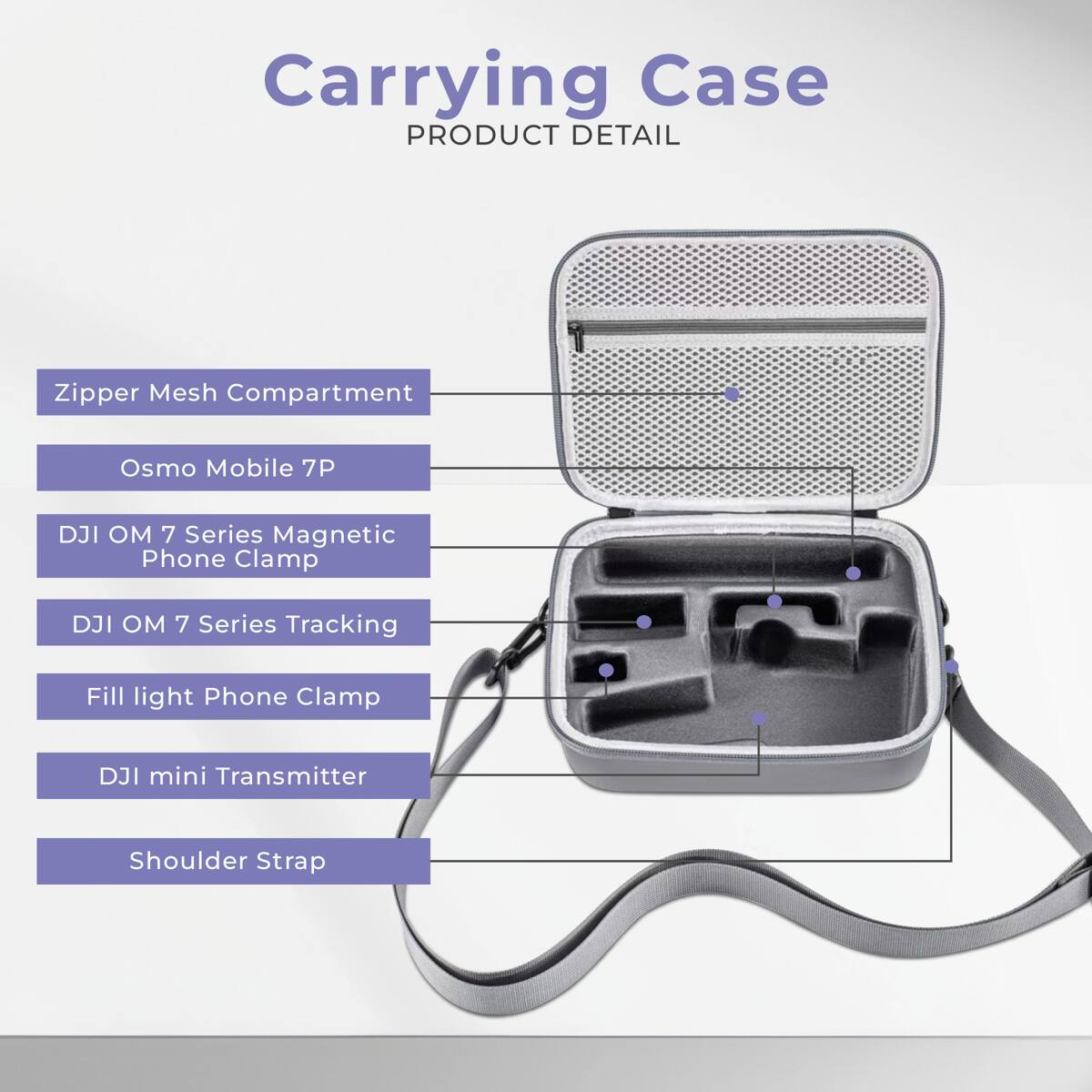 Carrying Case  
PRODUCT DETAIL  
Zipper Mesh Compartment  
Osmo Mobile 7P  
DJI OM 7 Series Magnetic Phone Clamp  
DJI OM 7 Series Tracking  
Fill light Phone Clamp  
DJI mini Transmitter  
Shoulder Strap