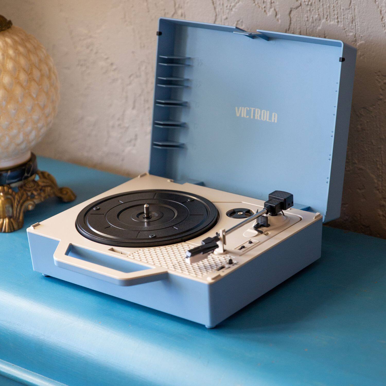 Alt View 21. Victrola - Re-Spin Sustainable Bluetooth Suitcase Record Player - Light Blue.