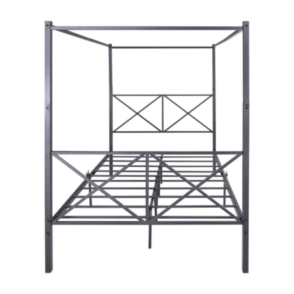 Left. LUCKY ONE - Full Size Metal Canopy Bed Frame with X-Shaped Frame, Platform Bed, Steel Slats, No Box Spring Needed, Under-Bed Storage - Black.