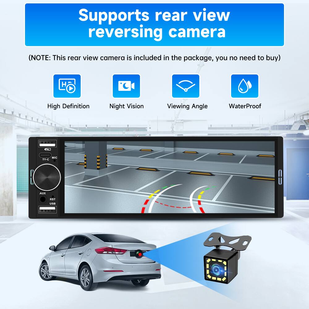 Supports rear view reversing camera  
(NOTE: This rear view camera is included in the package, you no need to buy)  

- High Definition  
- Night Vision  
- Viewing Angle  
- WaterProof  

MIC  
AUX  
RST  
USB