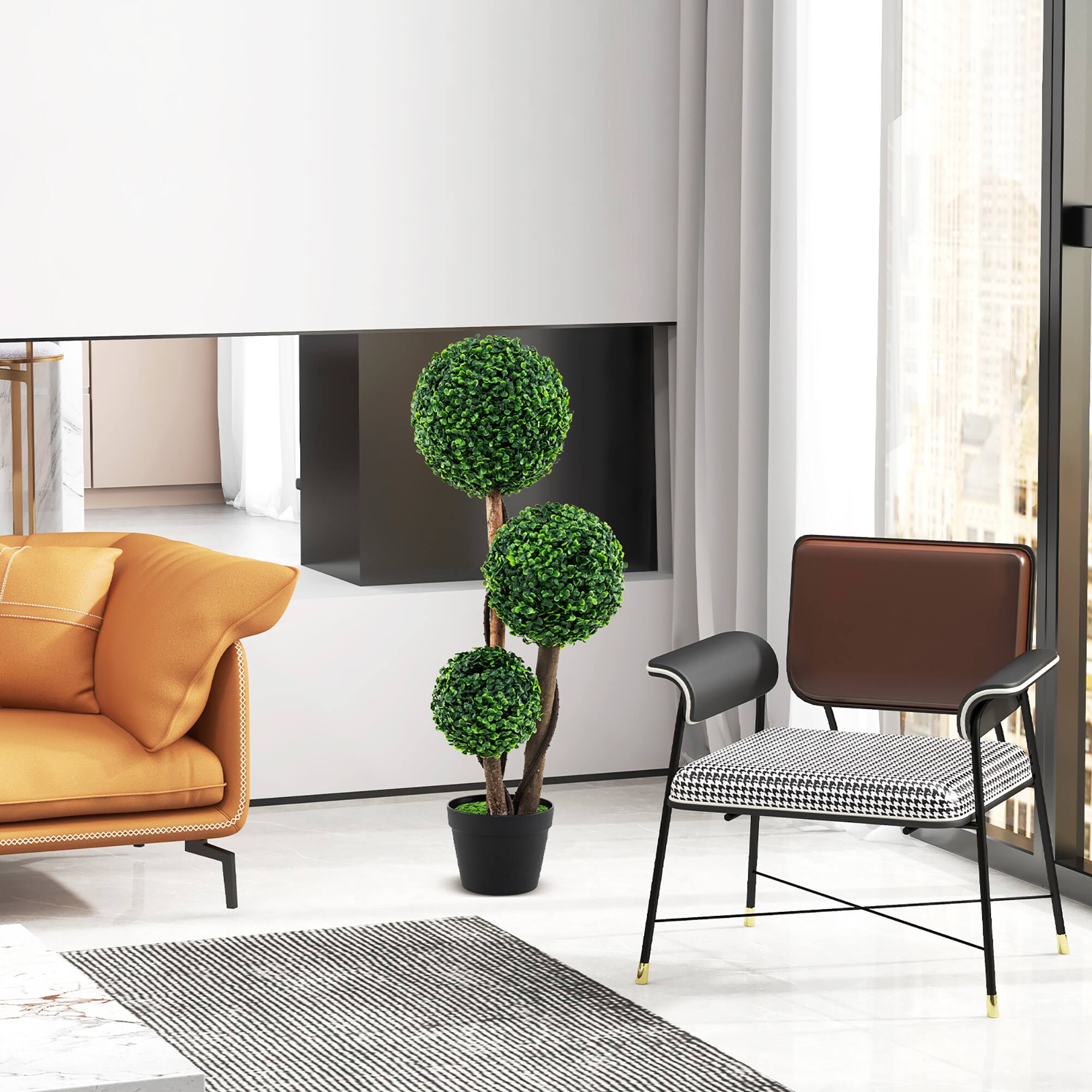 Alt View 1. Gymax - Gymax 36'' Faux Potted Plant w/3 Topiary Balls Solid Wood Trunks Mimic Rattans & Moss - Green.