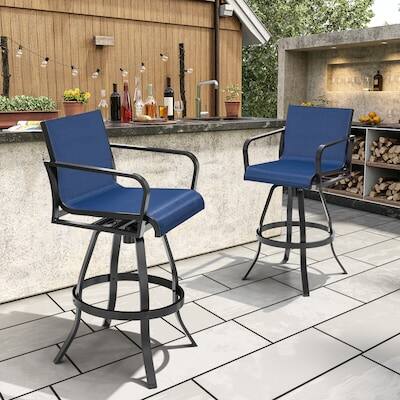 Front. Crestlive Products - Crestlive Products Sunbrella Set 2 Black Aluminum Frame Swivel Bar Stool Chair Blue Texteline Mesh Seat - Navy-2PC.