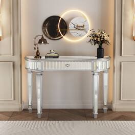 Loheer - 47 inch half moon mirrored console table silver entryway vanity desk with drawer - Grey, Silver