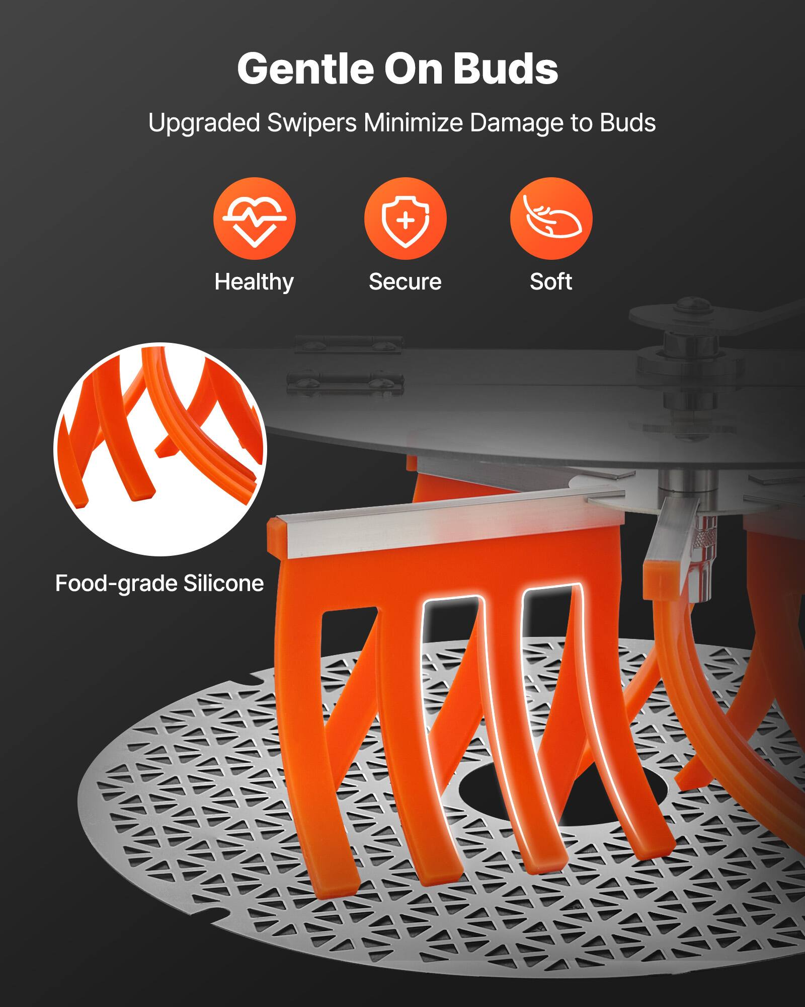 Gentle On Buds  
Upgraded Swipers Minimize Damage to Buds  

Healthy  
Secure  
Soft  

Food-grade Silicone