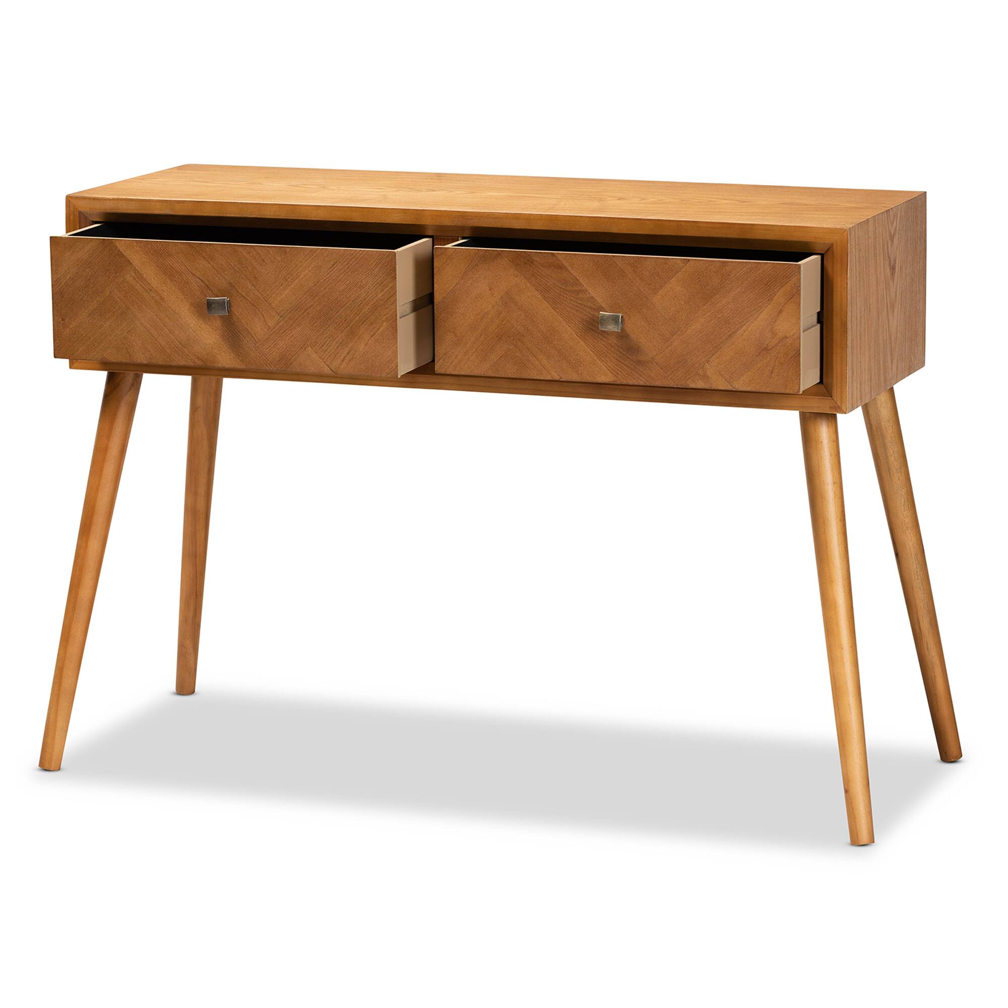 Angle. Baxton Studio - Mae Mid-Century Modern Finished Wood 2-Drawer Console Table - Brown.