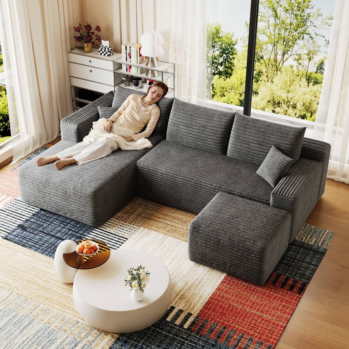 Back. Ropilly - Ropilly 95 Inch U Shaped Sectional Sofa with Ottoman, Modern Minimalist Dark Grey Corduroy Couch - Dark Grey.